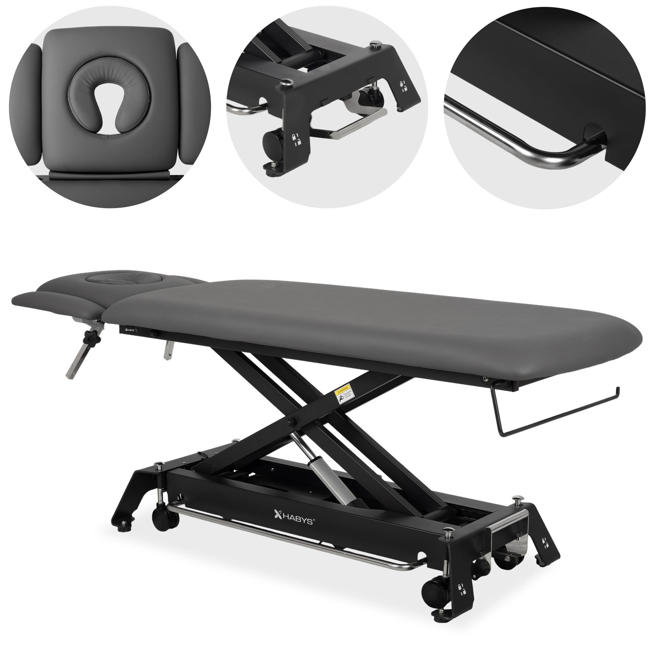Evero Cross X4 ERGO therapy table, electric height adjustment, foot control bar, ERGO cushion, Satin Comfort k722 gray