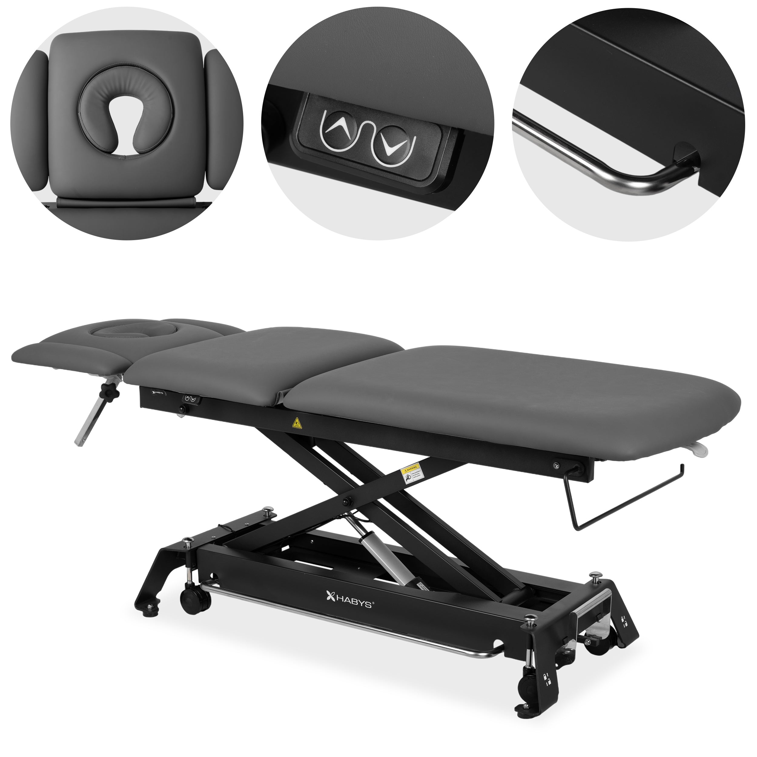 Evero Cross X5 ERGO therapy table, electric height adjustment, foot control bar, ERGO cushion, Satin Comfort k722 gray
