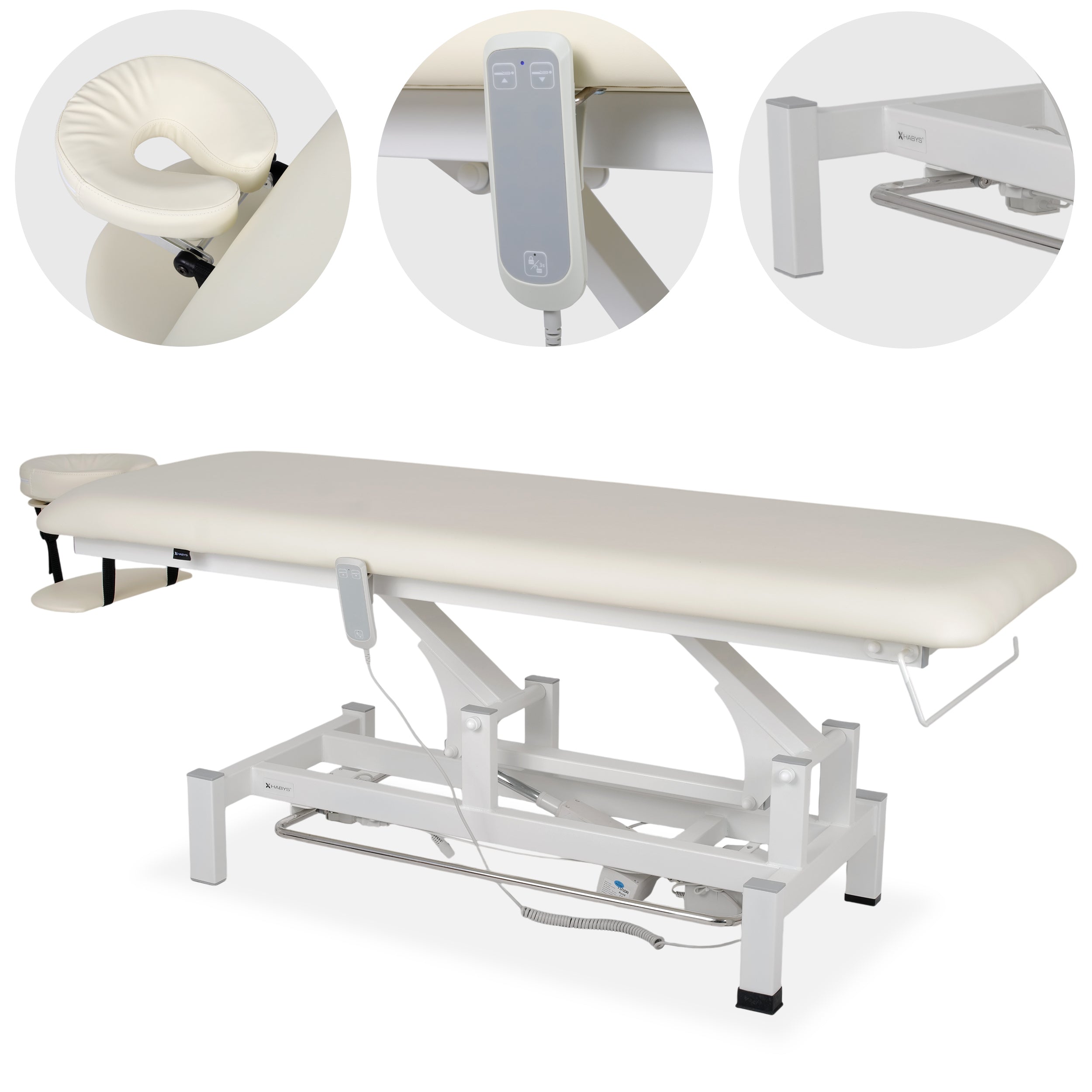 Fortis 1 treatment table, electric adjustment, hand remote control, foot control bar, headrest, arm shelf  k707 ivory