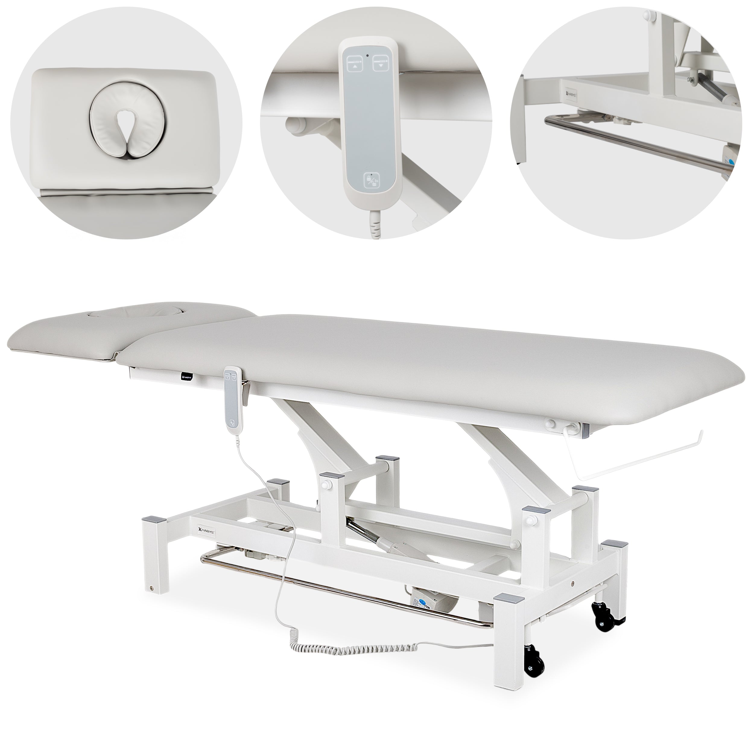 Fortis 2 ERGO treatment table, electric height adjustment with foot control bar, ERGO cushion, k729 light gray