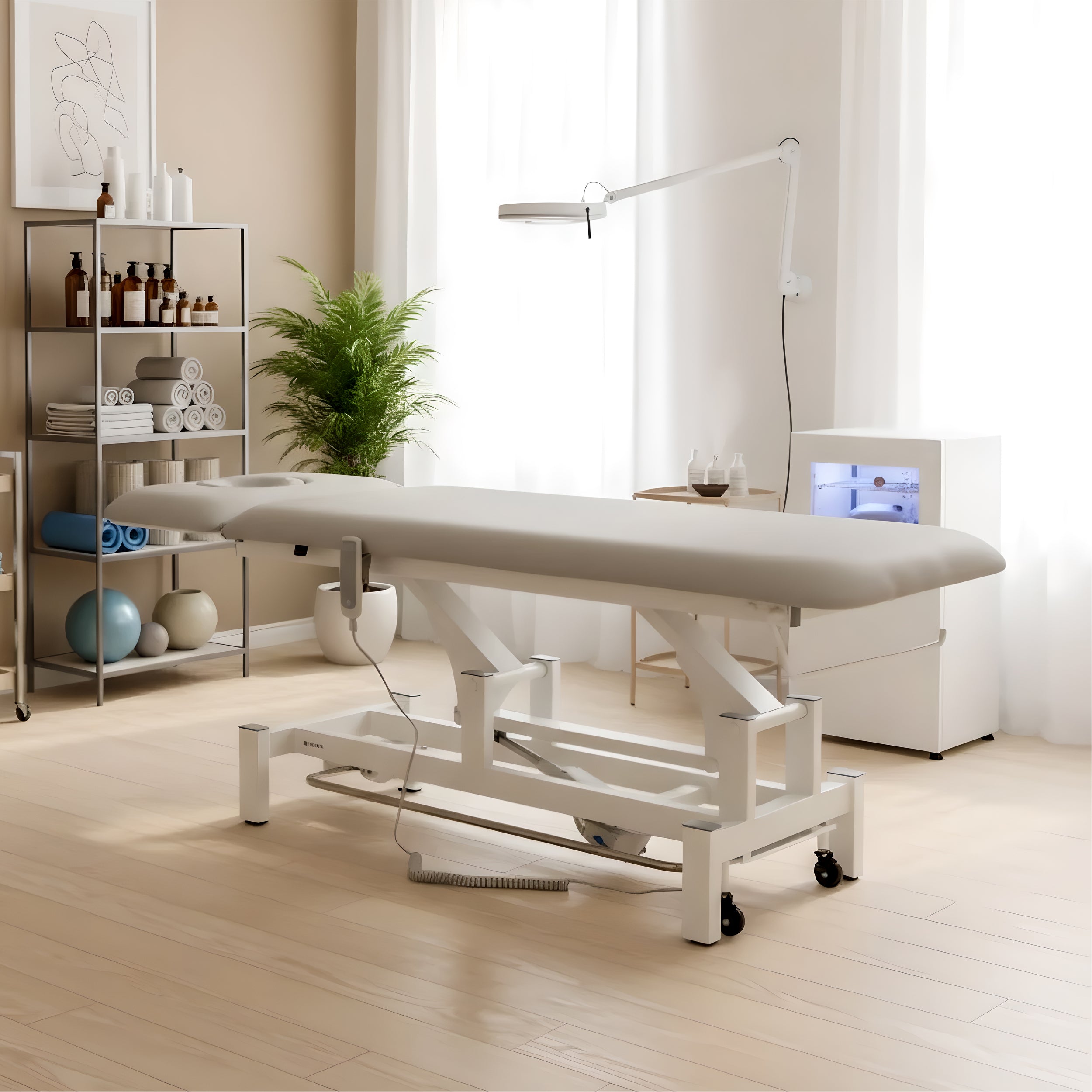 Fortis 2 ERGO treatment table, electric height adjustment with foot control bar, ERGO cushion, k729 light gray