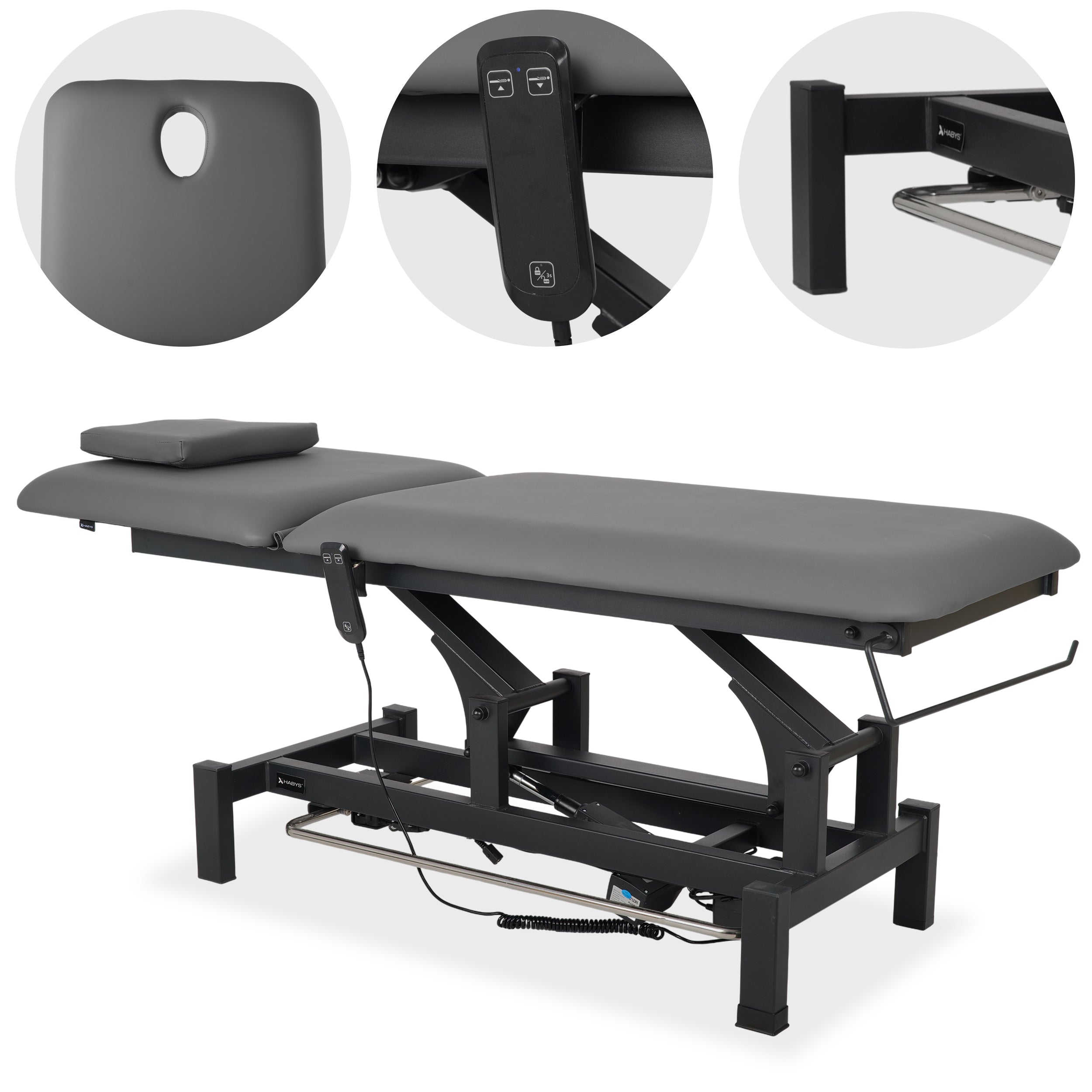 Fortis 2 treatment table, electric adjustment, foot control bar, hand remote control, head cushion, k722 gray