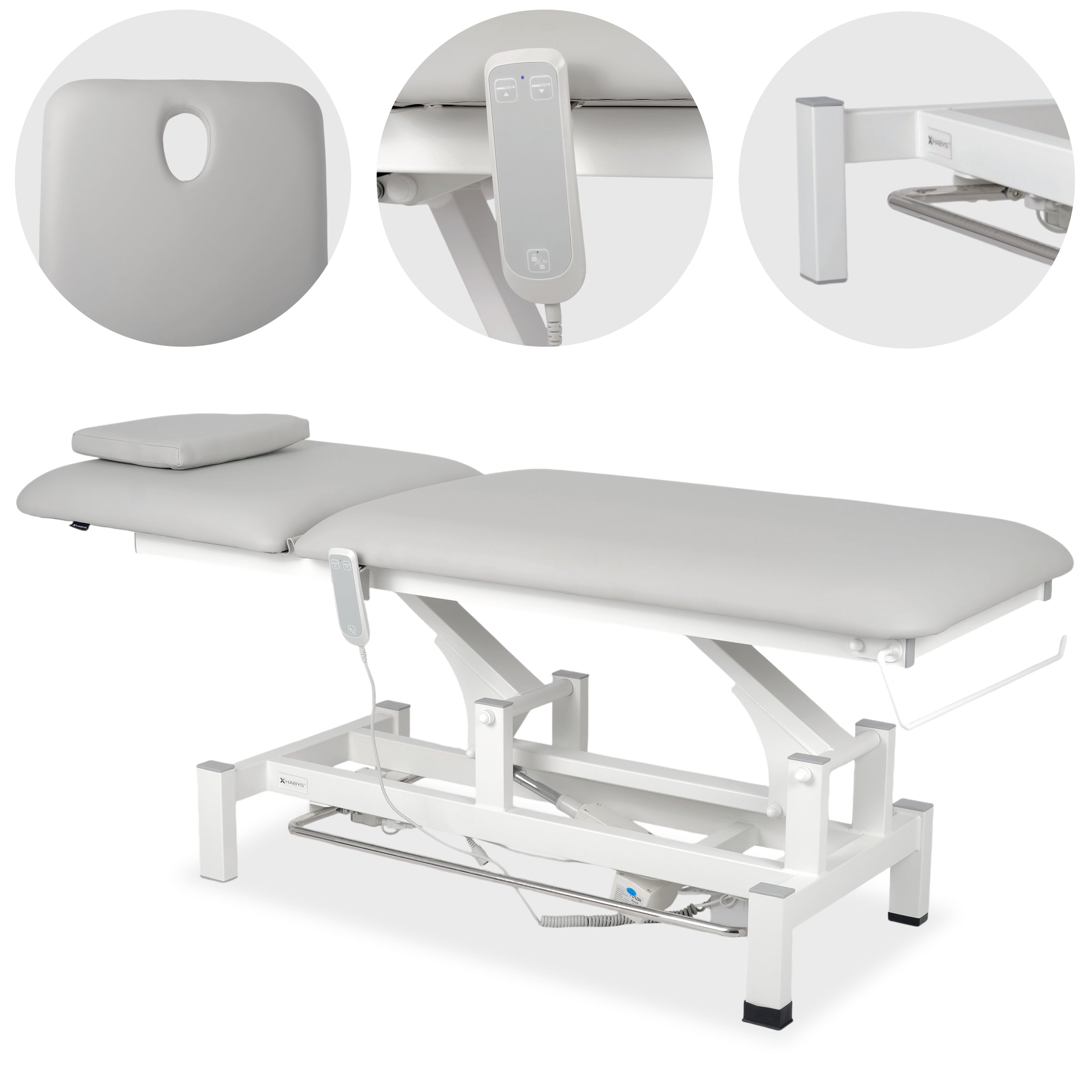 Fortis 2 treatment table, electric adjustment, foot control bar, hand remote control, head cushion, k729 light gray