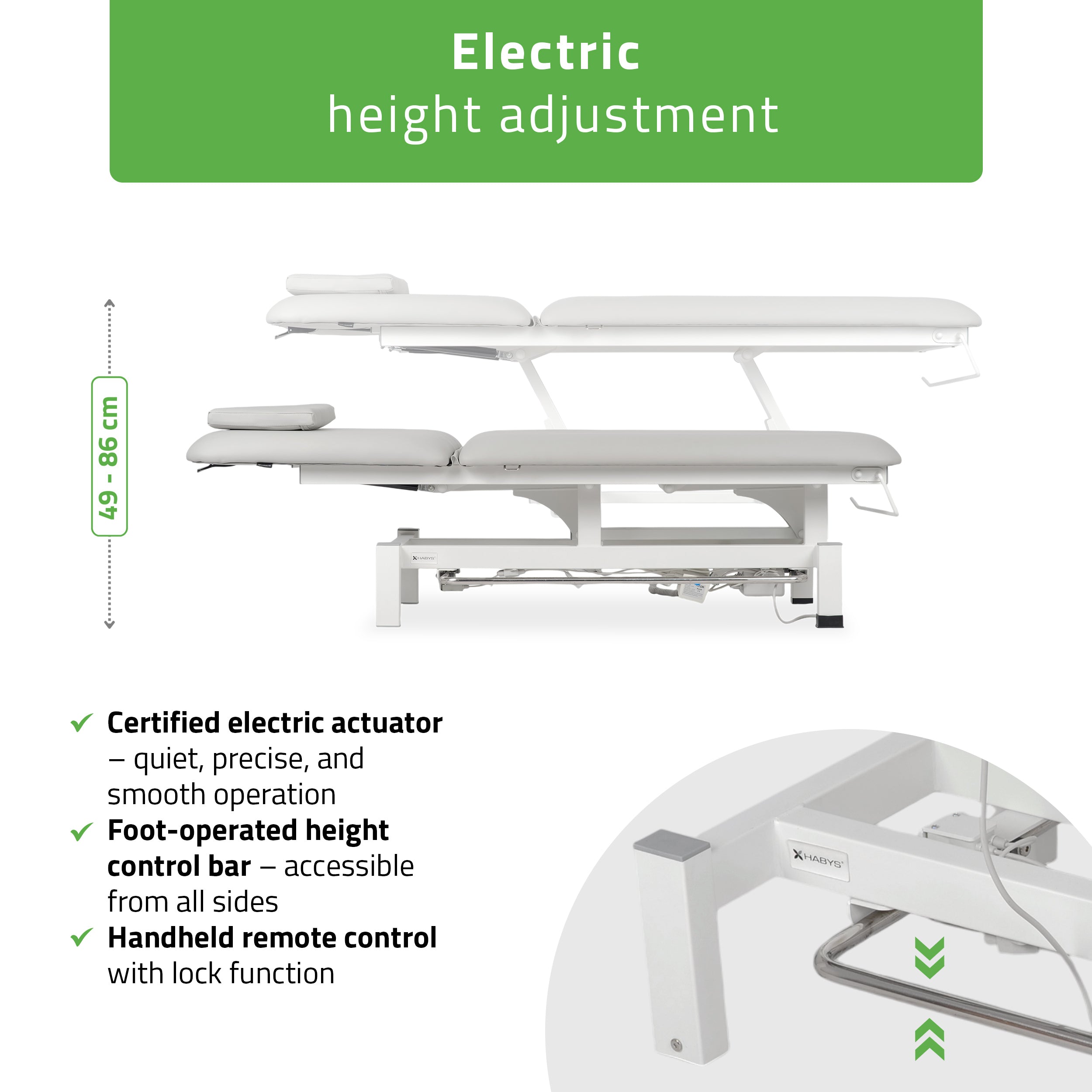 Fortis 2 treatment table, electric adjustment, foot control bar, hand remote control, head cushion, k729 light gray