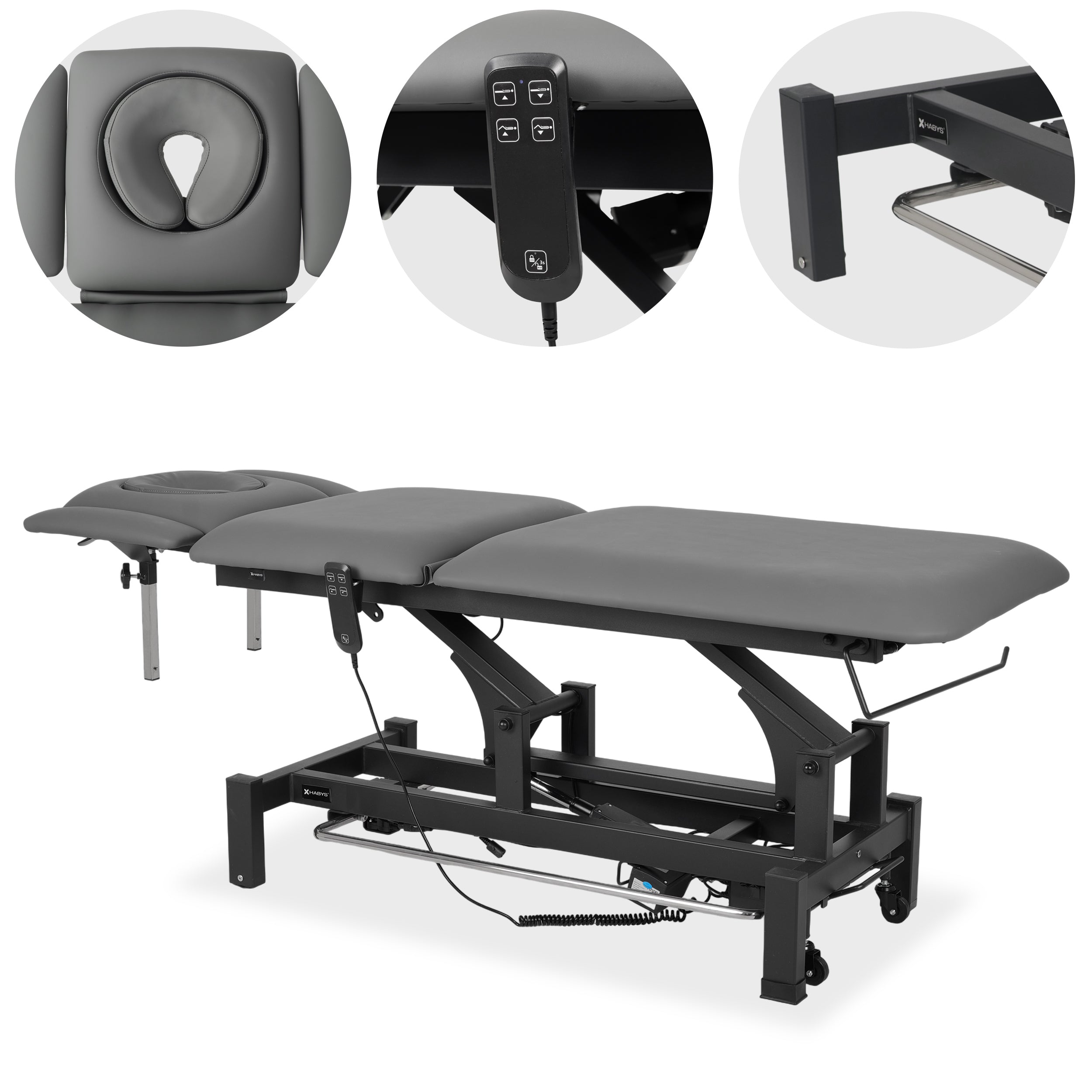 Fortis 5 ERGO treatment table, electric height adjustment with foot control bar, ERGO cushion, k722 gray