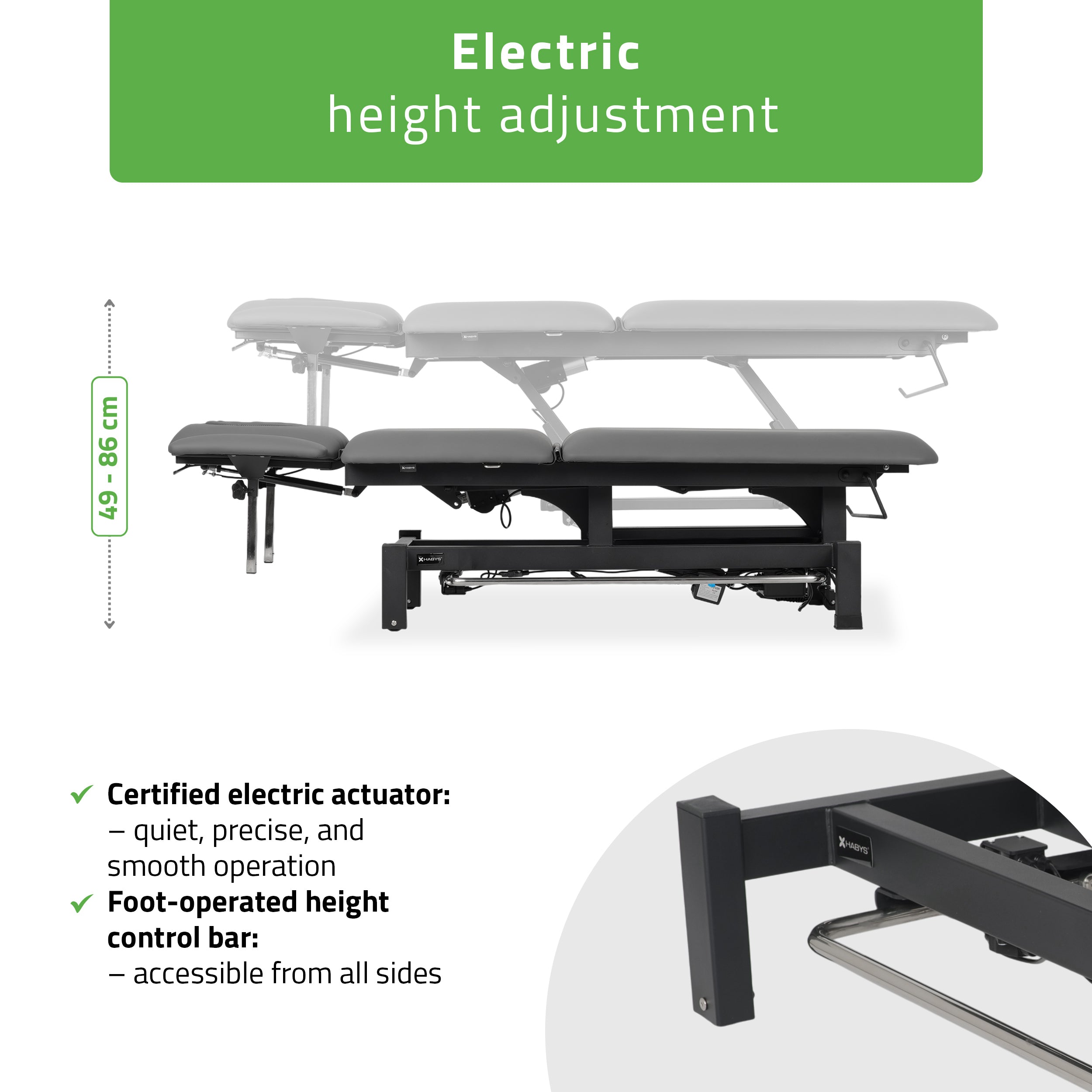Fortis 5 ERGO treatment table, electric height adjustment with foot control bar, ERGO cushion, k722 gray