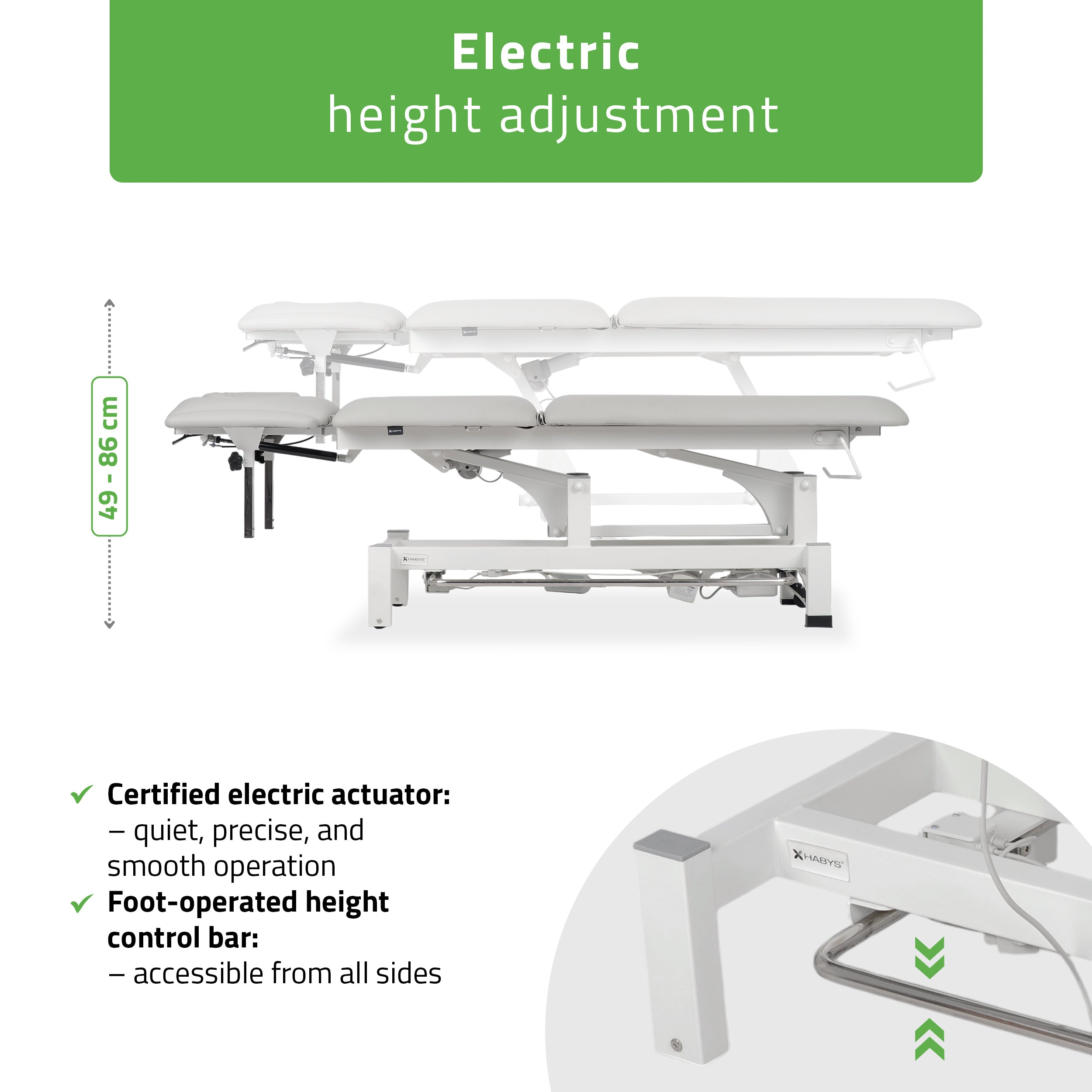 Fortis 5 ERGO treatment table, electric height adjustment with foot control bar,ERGO cushion, k729 light gray