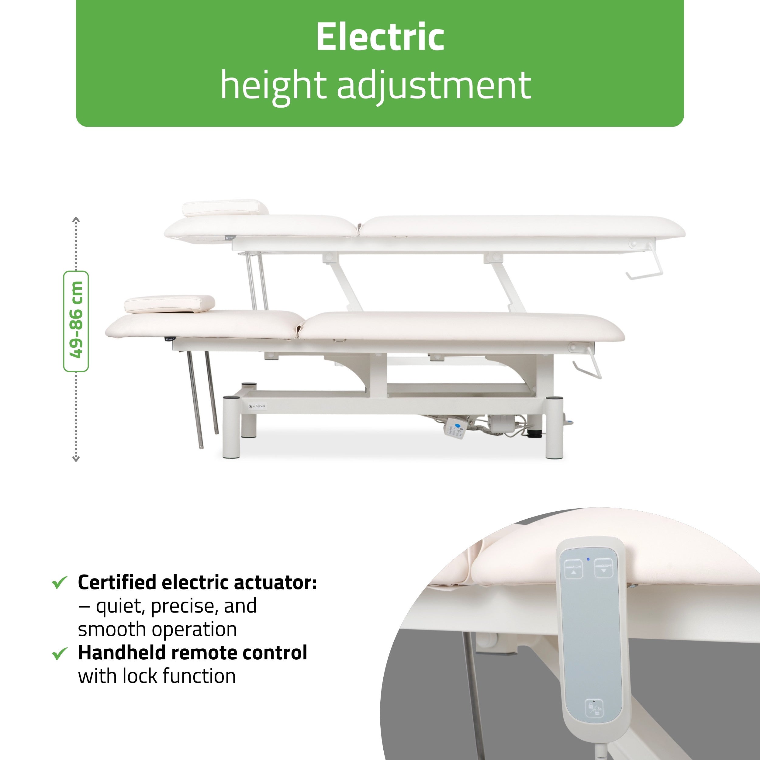 Optima therapy table, electric height adjustment with hand remote –   Satin Comfort k701 white