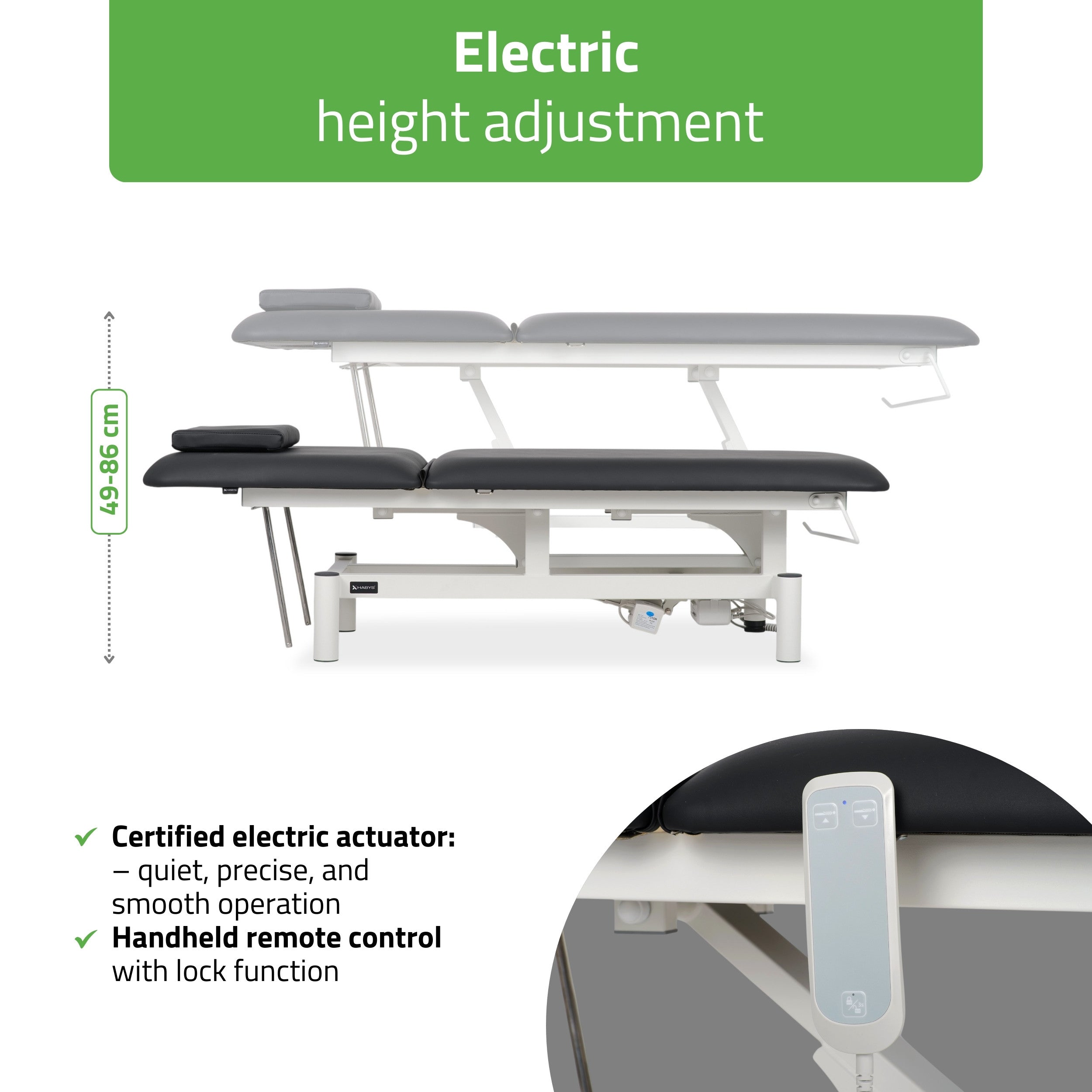Optima therapy table, electric height adjustment with hand remote – Satin Comfort k715 black