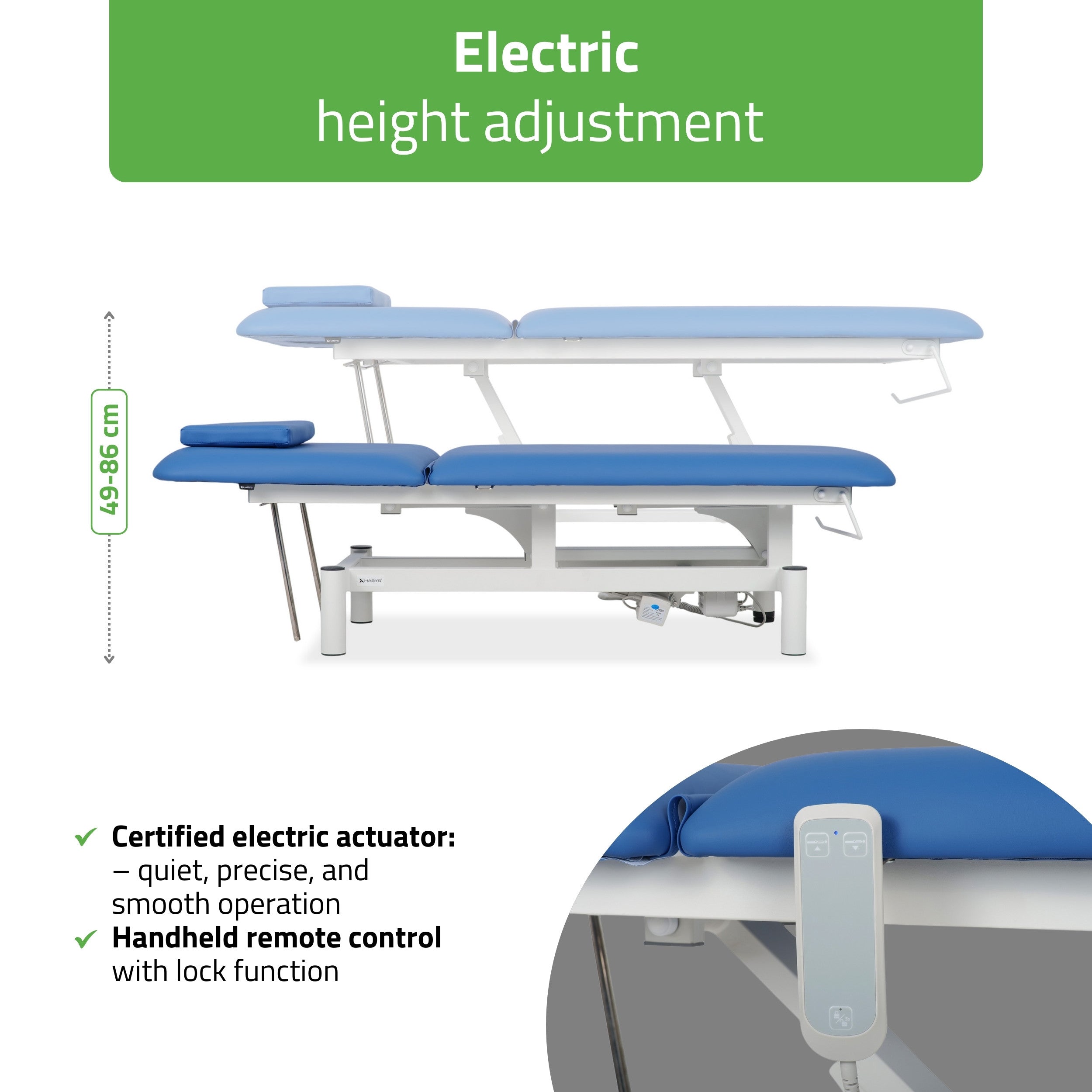 Optima therapy table, electric height adjustment with hand remote – Satin Comfort k723 blue
