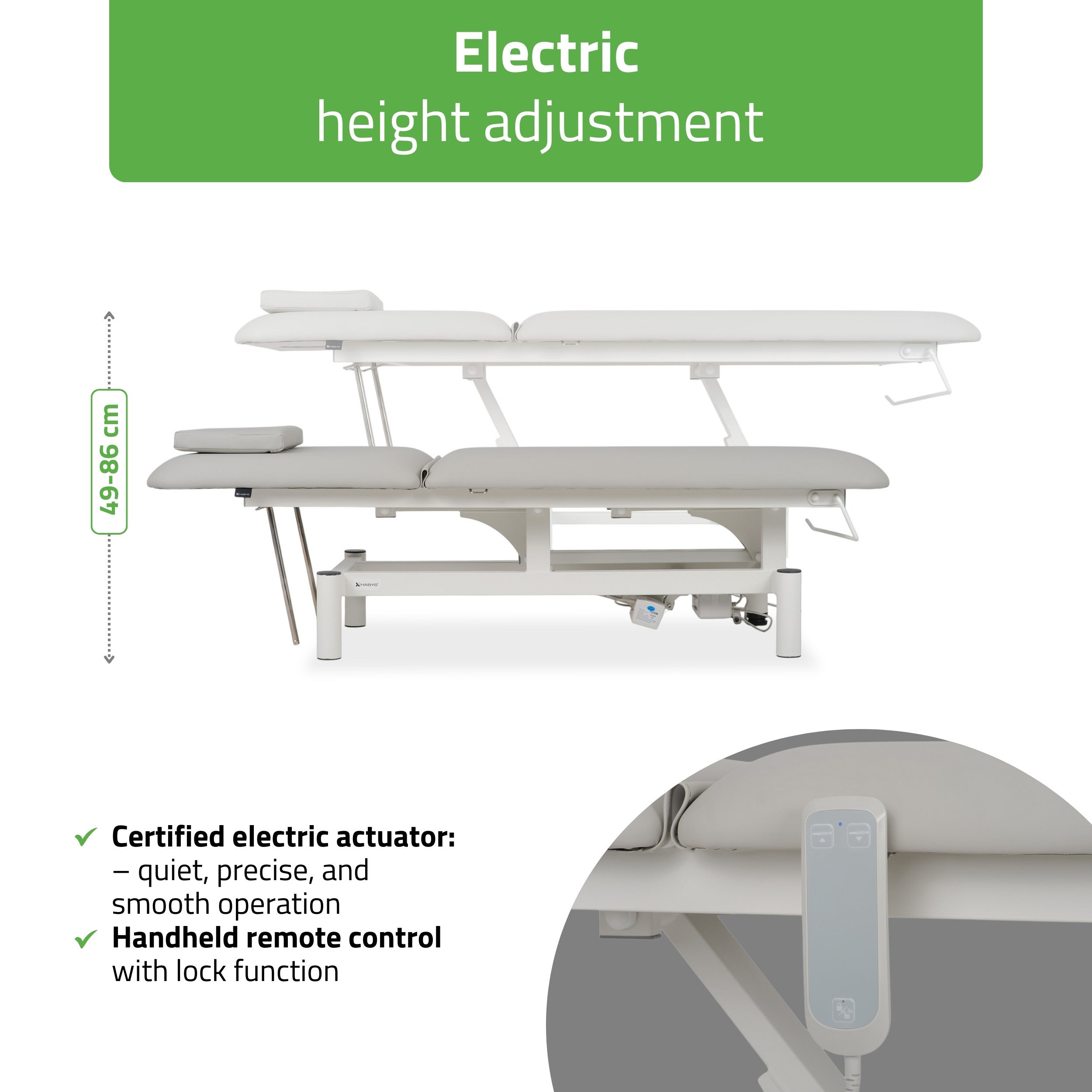 Optima therapy table, electric height adjustment with hand remote – Satin Comfort k729 grey