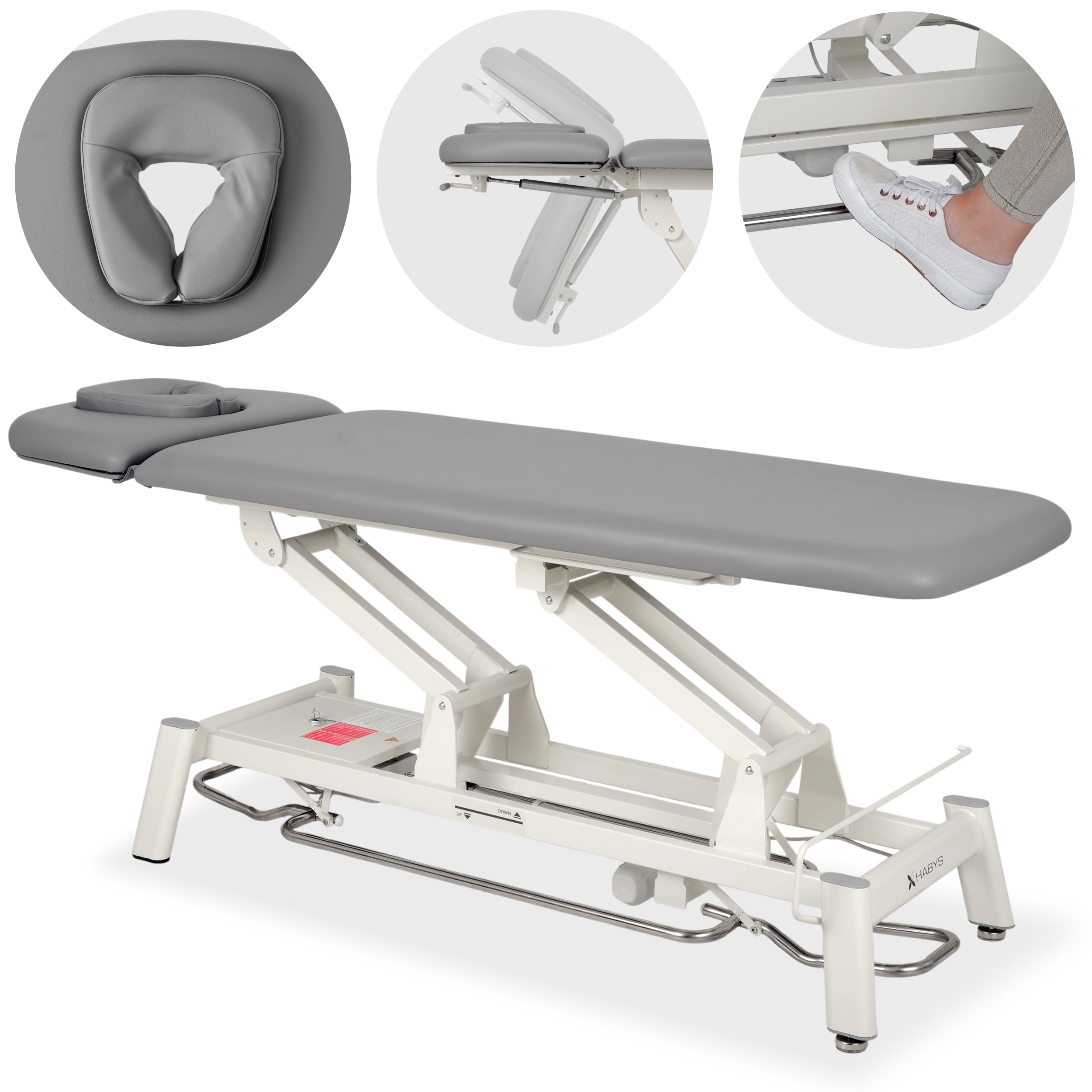 Proxima V2 Ergo therapy table, electric height adjustment with foot control bar, ERGO cushion, Touch Core k322 gray