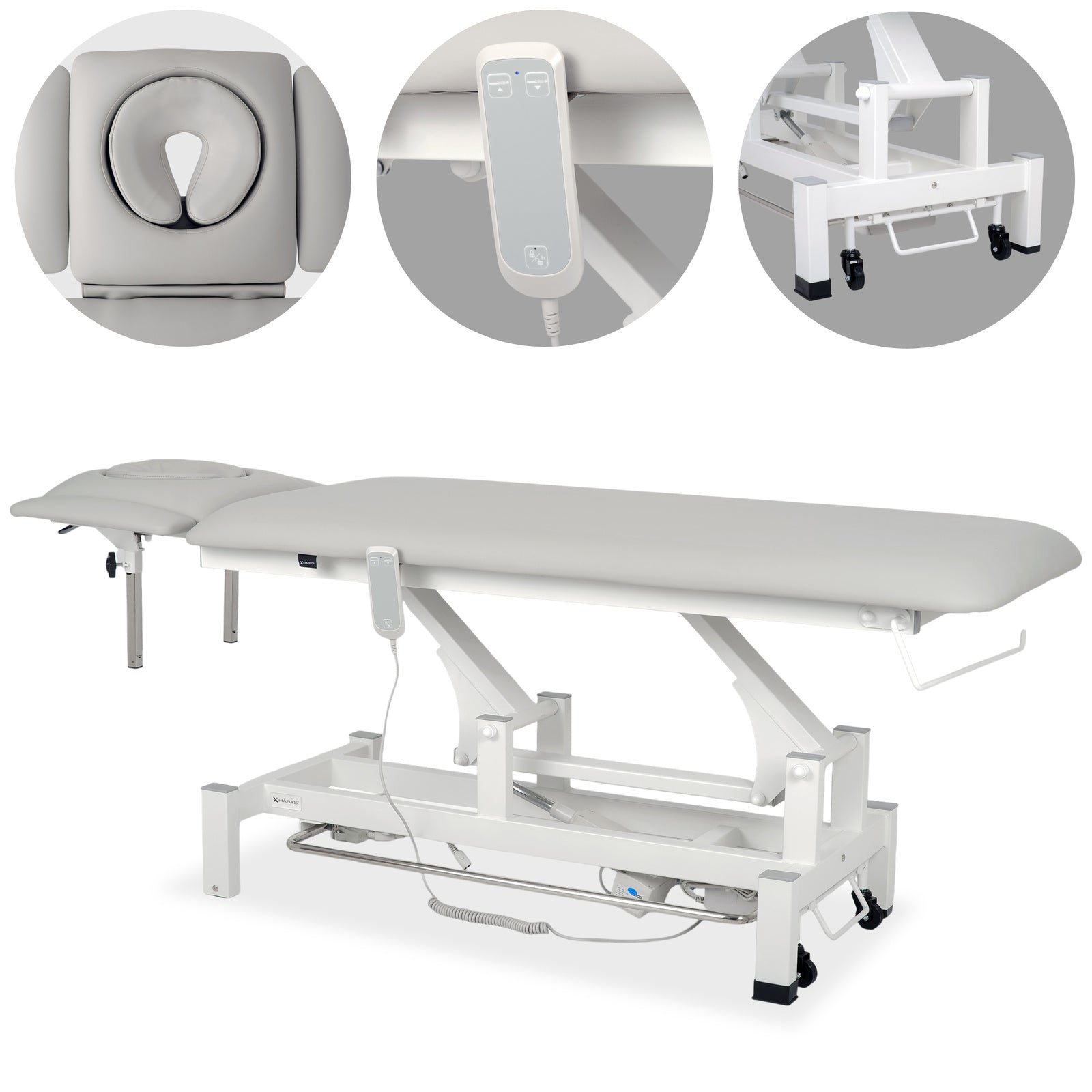 Fortis 4 ERGO treatment table, electric height adjustment with foot control bar, ERGO cushion, k729 light gray