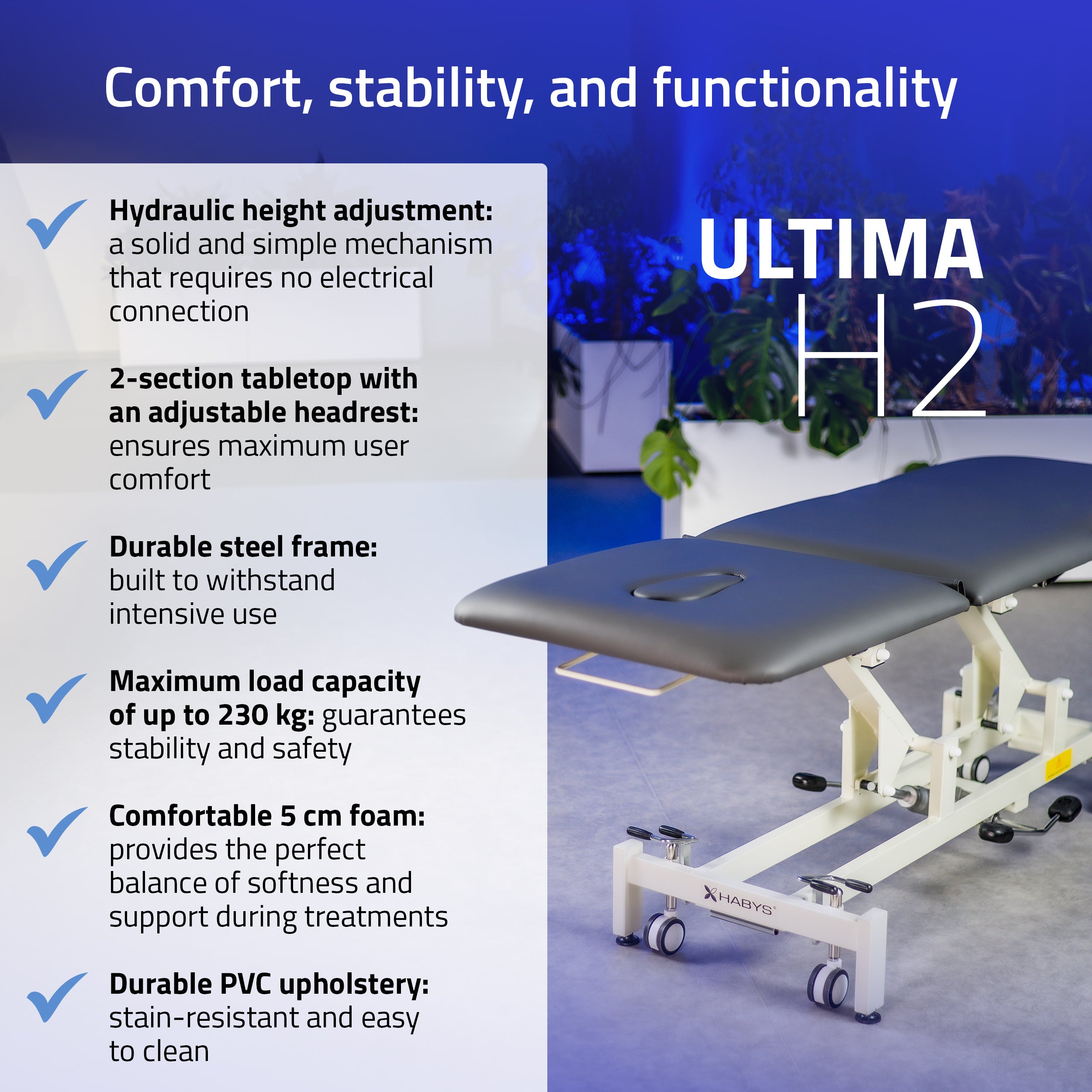 Ultima H2 therapietafel, hydraulisch verstelbaar, wielen, PVC, grijs