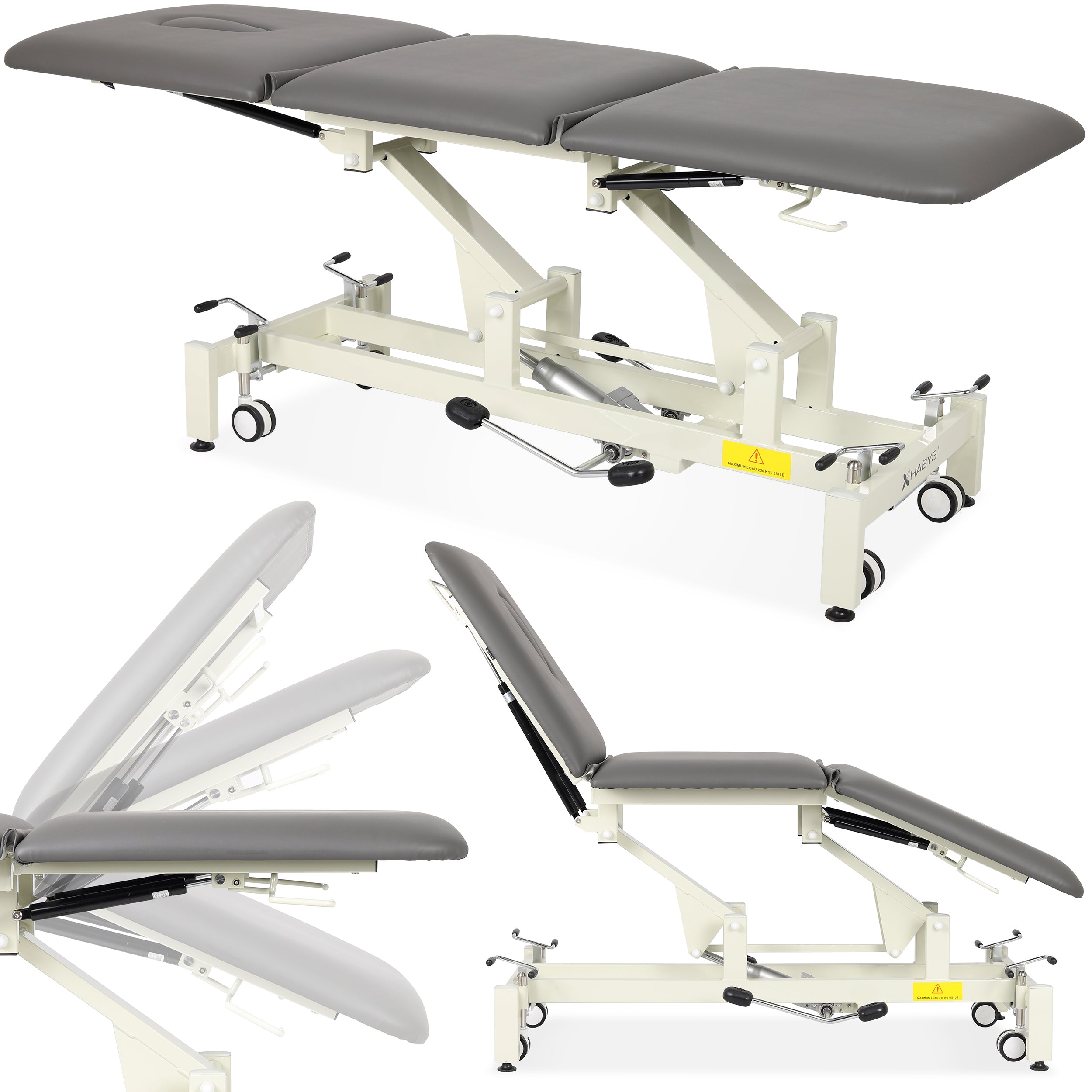 Ultima H3 therapietafel, hydraulisch verstelbaar, wielen, PVC, grijs