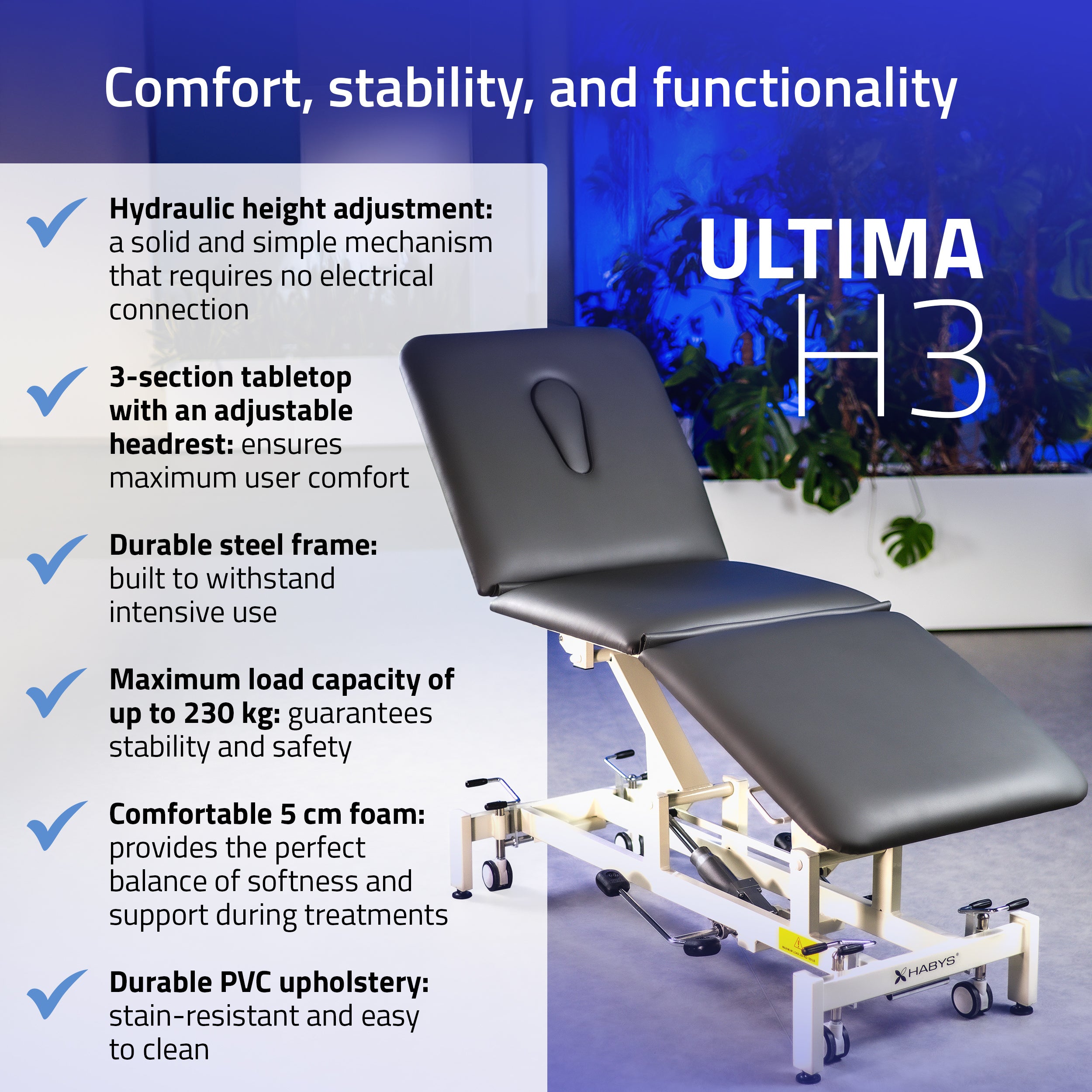 Ultima H3 therapietafel, hydraulisch verstelbaar, wielen, PVC, grijs